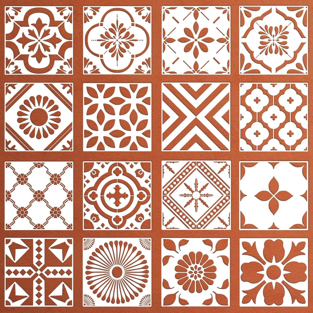 16-Piece Mexican Talavera & Mandala Stencil Set (8"x8") – Reusable Floor & Wall Tile Templates for Painting on Crafts, Patio, Furniture & Home Decor